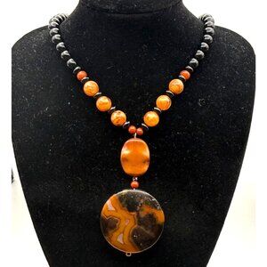 Vintage Polished Stone Pendant Necklace Black Beads Amber Brown Swirl Artisan Bo
